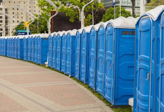 a fleet of portable restrooms ready for use at a large outdoor wedding or celebration in Brooklyn Park